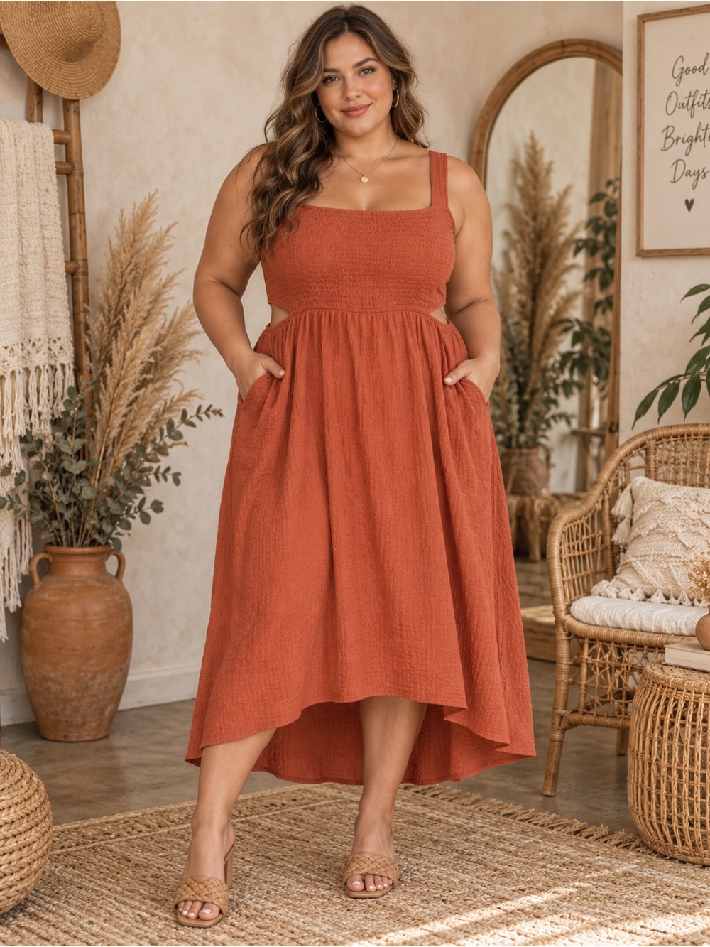 Forever 21 Coral High-Low Smocked Midi Dress